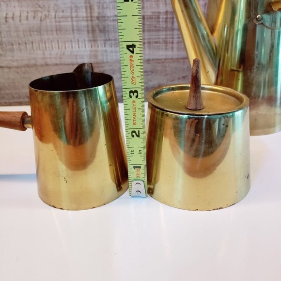 MCM Brass and Teak Japanese Tea Coffee Set Carafe Teapot Sugar Creamer Atomic - Picture 13 of 15